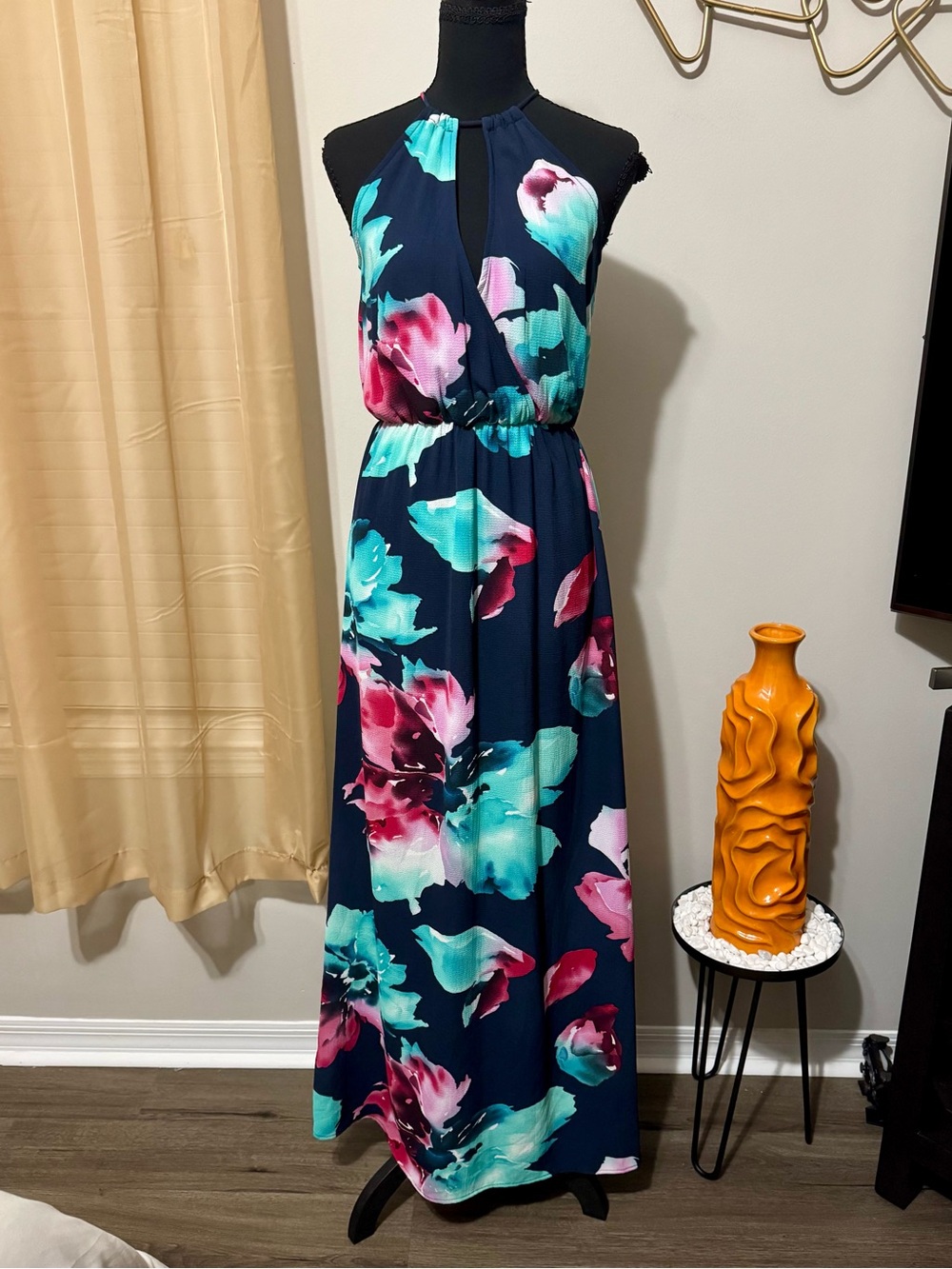 Pink Lily Navy Floral Halter Maxi Dress with Aqua and Pink Blooms